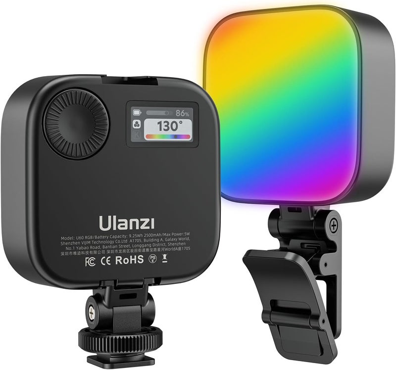 VIJIM ضوء الفيديو RGB Ulanzi U60، ضوء كاميرا LED محمول مع 360° لون CRI≥95 2500-9000K مصباح لوحة قابل للتعتيم، إضاءة تصوير LED بسعة 2500mAh مع محول حذاء بارد سريع الإطلاق ومشبك - أسود - Image 1